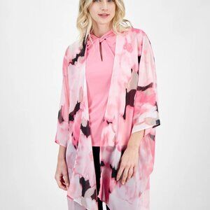 Anne Klein Open-Front Chiffon Kimono Peony Pink Multi Polka Dot L/XL